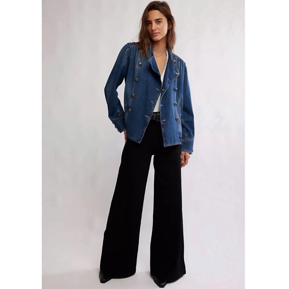 Free People Imogene Denim Officer Jacket in Ensign Wash Size XL Military Denim - Picture 13 of 16
